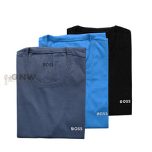 Load image into Gallery viewer, Hugo Boss Men&#39;s Crew Neck Logo T Shirt 3 PACK (Black/Dark Blue/Blue)
