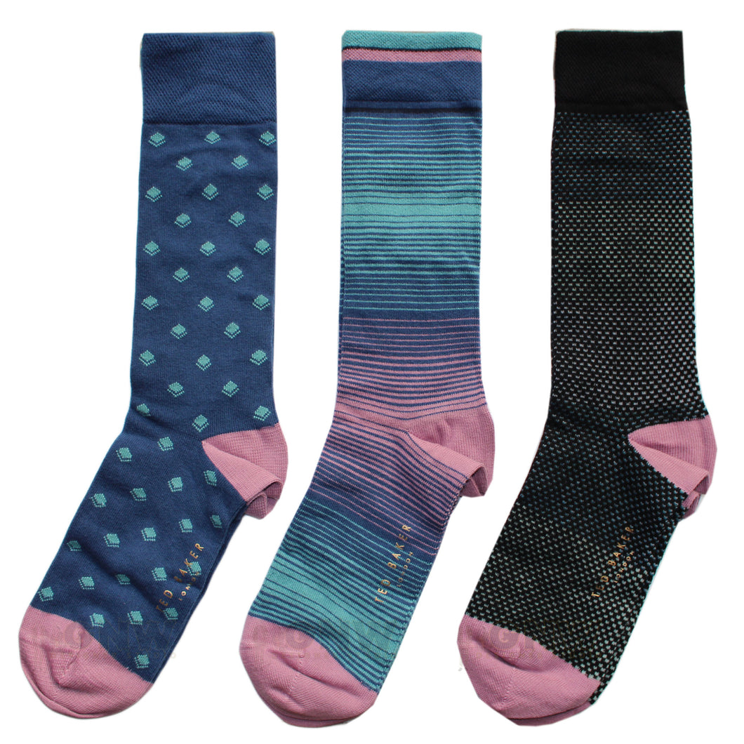 Ted Baker Men 3 Pack Socks Cotton Mix Stretch Fit One Size