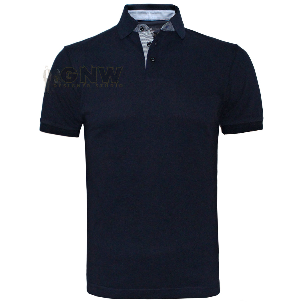 Hackett Men Mix Woven Trim Polo Shirt Slim Fit Navy